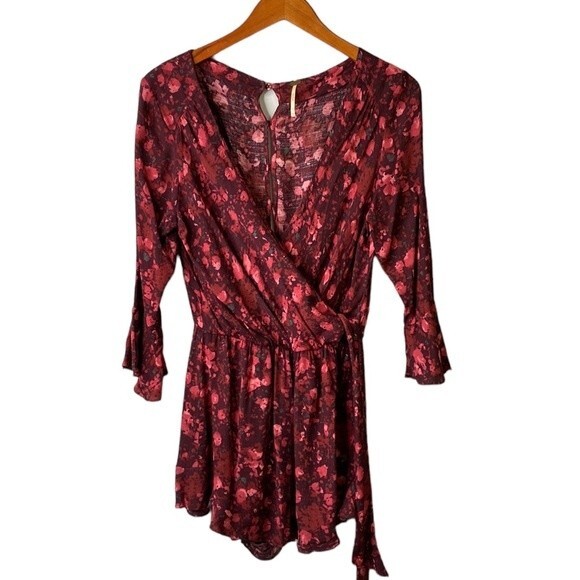 Free People All the Right Ruffles Romper in Berry Floral Wrap 3/4 Sleeve - Picture 2 of 16